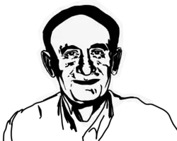 Black and white drawing of the portrait of a man in his sixties. He is looking straight ahead, smiling. He is wearing a shirt.