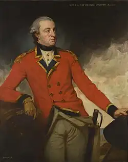 Portrait of a man in a red military uniform with dark blue turnbacks leaning on his right elbow and holding a hat in his right hand