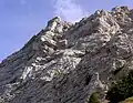 Close up on Dent de Crolles and the Poussez Pas Derrière ascent route.