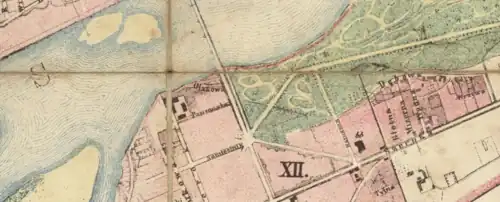 City plan from 1873, nine years after the construction of the Kierbedź Bridge