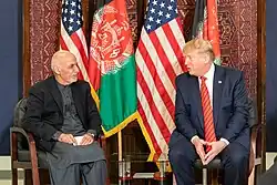 President Donald J. Trump speaks with Afghanistan President Ashraf Ghani during their meeting on November 28, 2019, at Bagram Airfield, Afghanistan