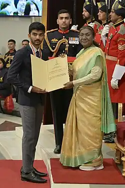 Gukesh Dommaraju, the reigning world chess champion,[437] receives India's highest sporting honour, the Dhyan Chand Award from India's president Droupadi Murmu, January 17, 2025.