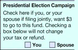 A box containing "Check here if you, or your spouse if filing jointly, want $3 to go to this fund. Checking a box below will not change your tax or refund.". Two boxes can be selected, "You", and "Spouse".