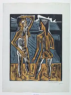 Pechstein, Two standing figures, 1920, woodcut print in black & colored ink on paper, Cooper Hewitt, Smithsonian Design Museum