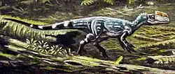 Life restoration of Proceratosaurus walking in its forested habitat next to a fallen tree, in side view. Proceratosaurus is coloured green and black, with white highlights and an orange crest