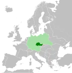 The Protectorate of Bohemia and Moravia in 1942, in dark green within Nazi Germany in light green