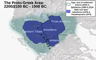 Hypothetical Proto-Greek area of settlement (2200/2100–1900 BC) suggested by Katona (2000), Sakellariou (2016, 1980, 1975) and Phylaktopoulos (1975).