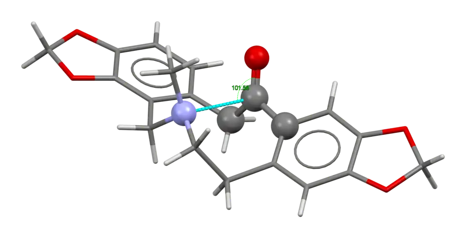 Schematic representation of the crystal structure of protopine. Note, this image is rotated end-for-end relative to its schematic above. The n→π* interaction of the amine nitrogen (purple sphere) with the carbonyl (dark grey and red spheres) in protopine, presenting an unusually short N···C distance (light blue line, 2.555 Å), and a Bürgi–Dunitz angle value of 101.58°.