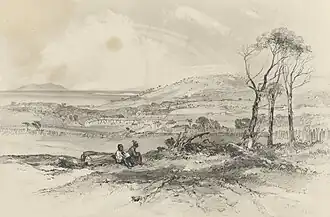 Landscape drawing showing two Aboriginal people seated in the foreground in front of a distant settlement.