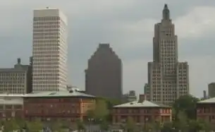 A skyline with the One Financial Center, 50 Kennedy Plaza, and the Superman Building viewed from the northwest looking southeast.