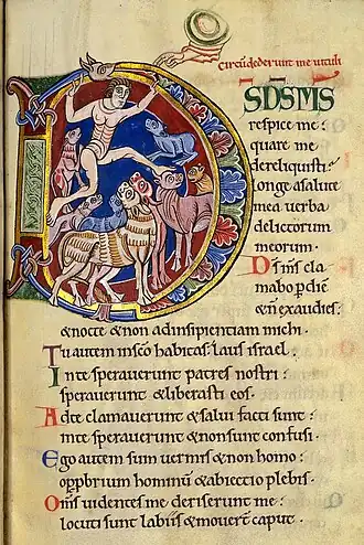 Psalm 22:1-8 in the St. Albans Psalter. The first words of the Psalm in the Latin Vulgate are "Deus, Deus meus," abbreviated here as DS DS MS.