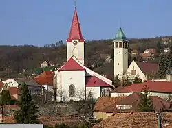 A view over the ramparts on the churches of Pukanec.