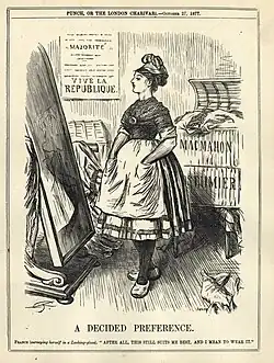 Press drawing showing a woman wearing a Phrygian cap looking at herself in a mirror.