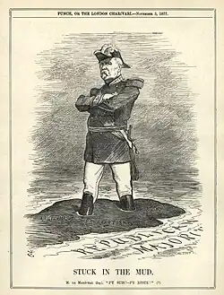Press drawing showing a man in military uniform with both boots deeply sunk in mud.