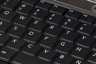 Close-up of the keys of a laptop's built-in keyboard; the keys are raised by a relatively small height