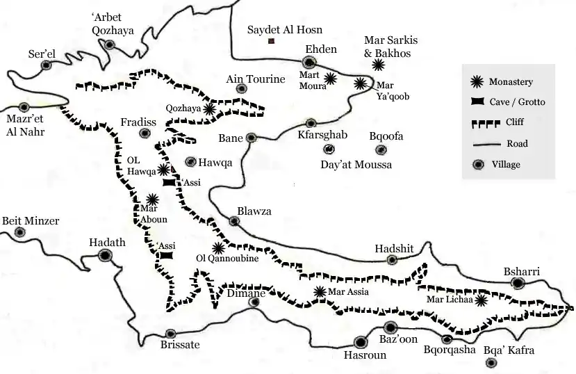 Location of main sites in the Kadisha Valley.