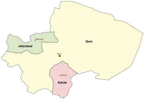 Location of Qom County in Qom province (yellow)
