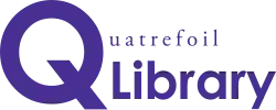 The 'Q' in Quatrefoil is big and purple; the rest of the word—which is rendered in black, serif type—is only about one-sixth the height of the 'Q'. It extends to the right; its baseline is above the midline of the 'Q'. The word 'Library' in sans serif is also to the right of the Q, and beneath the rest of the word 'Quatrefoil'. It is in the same purple sans-serif type as the capital 'Q', but less than half the height.