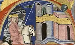 A crowned woman riding a horse, surrounded by mounted knights before the walls of a town