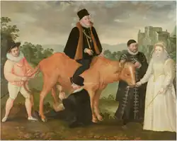 Satirical Flemish painting painted c.1586, three years after Anjou's Antwerp fiasco; depicting a cow which represents the Dutch provinces. King Philip II of Spain vainly tries to ride the cow, drawing blood with his spurs. Queen Elizabeth I feeds it while William of Orange holds it steady by the horns. The cow is defecating on the Duke of Anjou, who holds its tail. (Toronto Public Library)