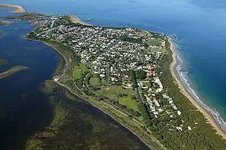 Looking east over Queenscliff to Sand Island. On the left is Swan Bay and the right is Port Phillip Bay.