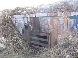 Wall with a metal grate rising out of the ground. The wall is covered with graffiti.