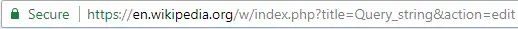 An address bar on Google Chrome showing a URL (Uniform Resource Locator) with the query string ?title=Query_string&action=edit