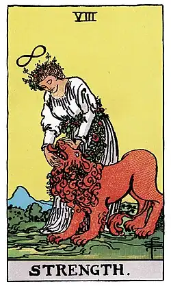Strength tarot card, depicting a woman crowned by an infinity symbol, holding shut a lion's mouth