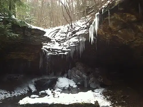 Raccoon Creek waterfall amphitheater frozen from a winter storm.