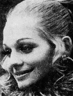 A black-and-white newspaper clipping with a photograph of Rachel Harlow