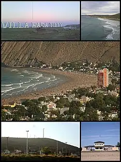 Top left:A board entrance of Rada Tilly in Armada Argentina Avenue, Top right:Playa Bonita (Bonita Beach), Center:Balneario Rada Tilly (Rada Tilly Spa) in Kae Lei area, Bottom left:Parque Ceolieo Rada Tilly (Rada Tilly Zeolite Park), Bottom right:An entrance in La Herradura Beach (Playa La Herradura)