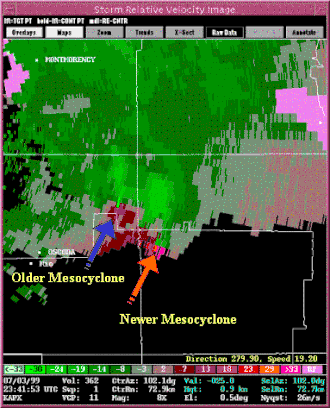 Mesocyclone detection algorithm output on tornadic cells in Northern Michigan on July 3, 1999