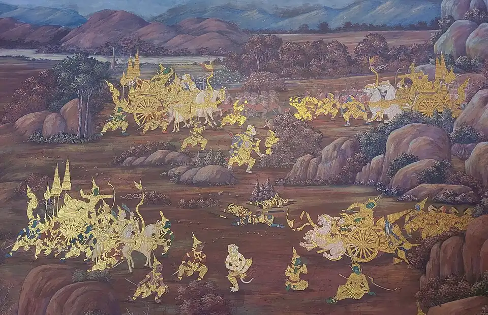 Thotsakan disguises himself as Phra In (Indra) and takes the field against Rama, but is ultimately defeated and killed—struck through the chest by Rama's arrow, and finished when Hanuman crushes his heart to pieces.