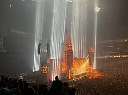 Bright spotlights shine skyward as Rammstein performs at US Bank Stadium, Minneapolis MN, August 27, 2022