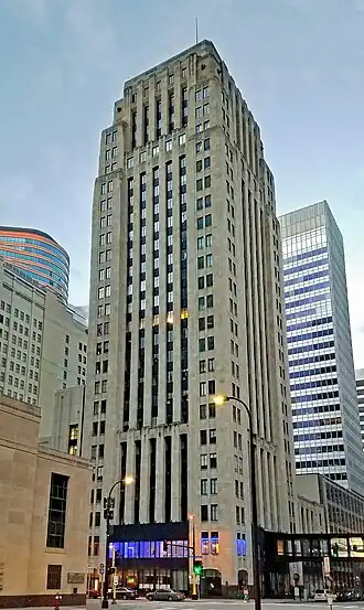 Exterior of Rand Tower Hotel at dusk