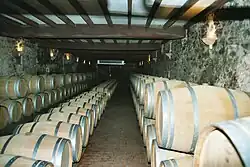 Colour photo showing an aging cellar for Sauternes (sweet white wine). The barrels are aligned in three rows against the walls and they are stacked on two levels with a row in the middle one barrel high. The light coloured barrels are newer barrels. The floor is tiled, the walls are stone, covered in grey mould, and the ceiling is white supported by dark coloured beams. The wall lighting is reminiscent of medieval torches.