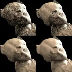 A 3D model (figurine of a dancer), zoomed in on just the head and neck, rendered using simple Monte Carlo integration (all areas of the object are speckled with random pixels, referred to as "noise"), resampled importance sampling (RIS) (shadowed areas are still noisy, brighter areas less noisy), ReSTIR spatial reuse (similar to RIS, but shadows are less noisy), and denoised ReSTIR (noise has been smoothed away).