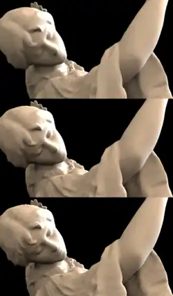 A 3D model (figurine of a dancer), zoomed in on just the head, shoulder and part of arm, rendered using simple Monte Carlo integration with 5 samples and ReSTIR spatial reuse, but denoised so that all noise is smoothed away. A reference "correct" image (with more detail and very subtle noise) is shown below. The top image (denoised MC integration) has less detail and the facial features are vague, lips barely visible. The middle image (denoised ReSTIR) has more detail and looks closer to the reference image.