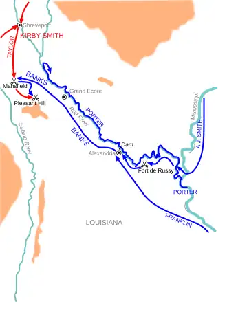 A map of northern Louisiana showing Banks' bold sweep towards Shreveport with a blue arrow