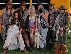 Rednex in 2020: Cash, Jiggie McClagganahan, Spades, Pickles, Moe Lester the Limp, Boneduster Crock and Pervis the Palergator, during the video recording of "Nowhere in Idaho"