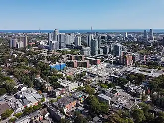 Aerial view of Regent Park in 2023 with the redevelopment project Daniels on 365 Parliament Street seen under construction [1]