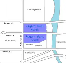 Location of North and South Regent Park within Toronto