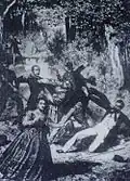 Lithography of V. Katsler illustrating the assassination of serbian prince Mihailo Obrenovic and his cousin Anka in 1868