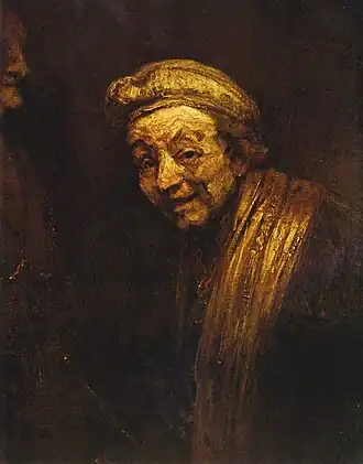 Self Portrait as Zeuxis (c. 1662), one of two self-portraits in which Rembrandt is turned to the left,[170] Wallraf–Richartz Museum, Cologne