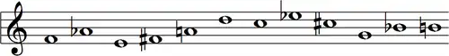 F, A♭, E, F♯, A, D, C, E♭, C♯, G, B♭, B