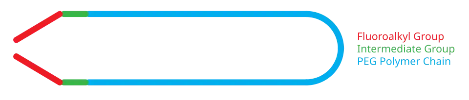 Diagram of Rf-PEG showing the fluoroalkyl end groups attached to the PEG polymer by intermediate groups.