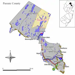Map of Ringwood in Passaic County. Inset: Location of Passaic County highlighted in the State of New Jersey.