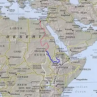 A map depicting the route of the rive Nile through East Africa.