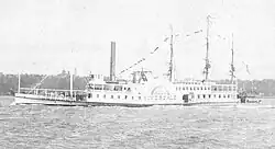 Photograph of side-wheel steamer. Predominantly white. Single smokestack. Name Riverdale displayed on the paddlebox.