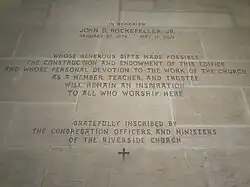 Memorial inscription to John D. Rockefeller Jr., who funded much of the church's construction